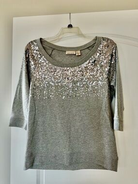 DKNY Gray Silver Sequin Boat Neck Sweatshirt